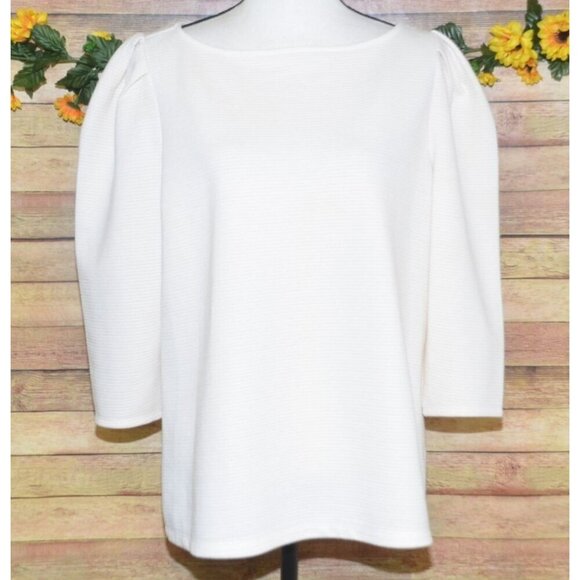 Worthington Ladies XL Neutral Cream Boxy Ribbed Blouse 3/4 Puff Sleeve Modest - Picture 1 of 9